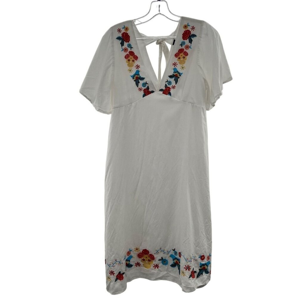ModCloth Women's V-Neck Embroidered Shift Dress White/Multi Size 8 Knee Length